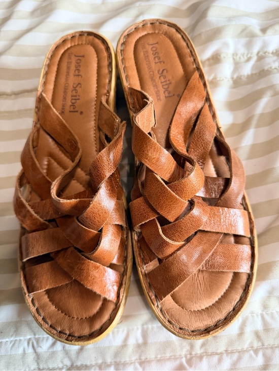 Josef Seibel Shoes - Josef Seibel Tan Leather Woven Slide Sandals